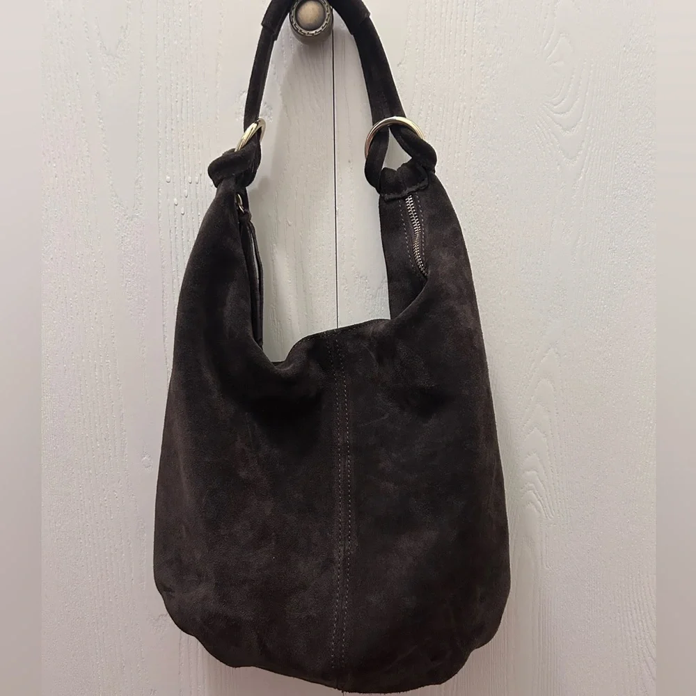 Marlon Made In Italy Dark Brown Suede Hobo Bag- Genuine Leather - Picture 7 of 16